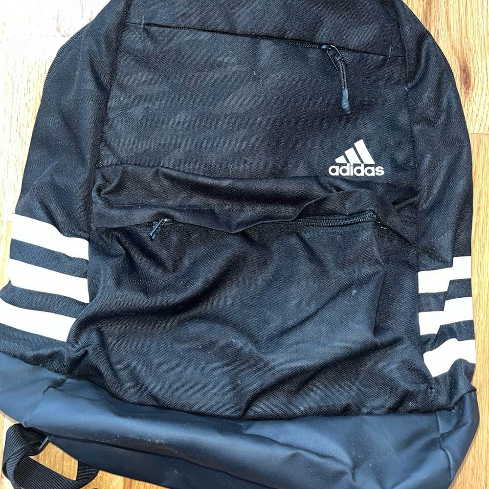ADIDAS BACKPACK # 90288 All Black White Logo Full Size Bookbag Slightly Used